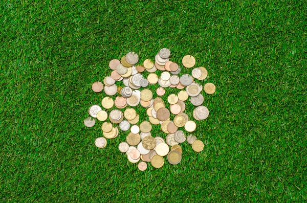 Money and Finance Topic: cash coins lie on the green grass top view