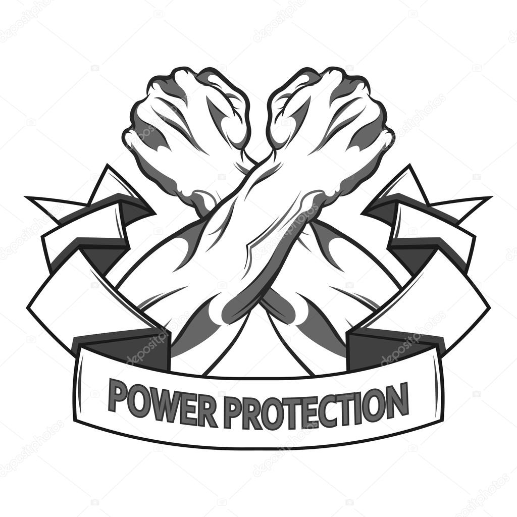 Conceptual crossed fists in protection. Vector illustration in black and white  style.