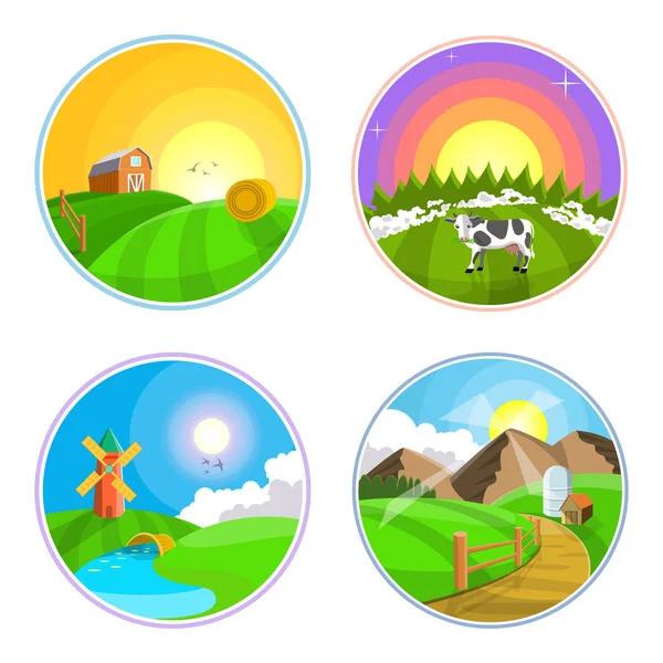 Ilustração da paisagem do campo com feno, campo, aldeia e moinho de vento. Conjunto de ícone paisagem fazenda . —  Vetores de Stock