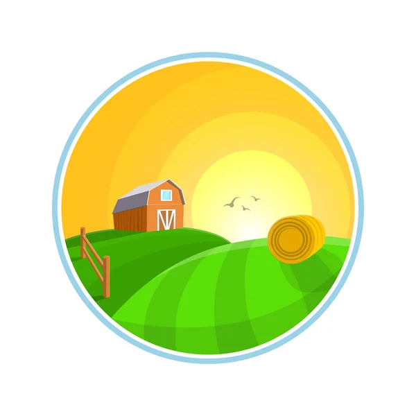 Platteland landschap afbeelding met hooi, veld en dorp boerderij landschap pictogram. — Stockvector