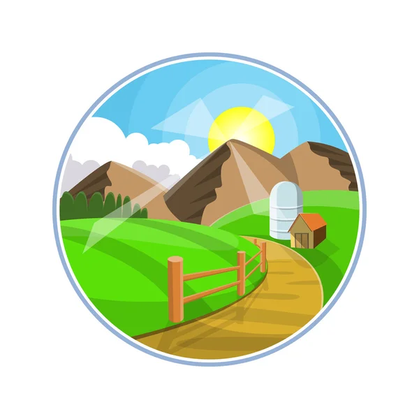 Countryside road landscape illustration. Rural areas with mountains, hills and fields. Nature pathway on farmland. — Stock Vector