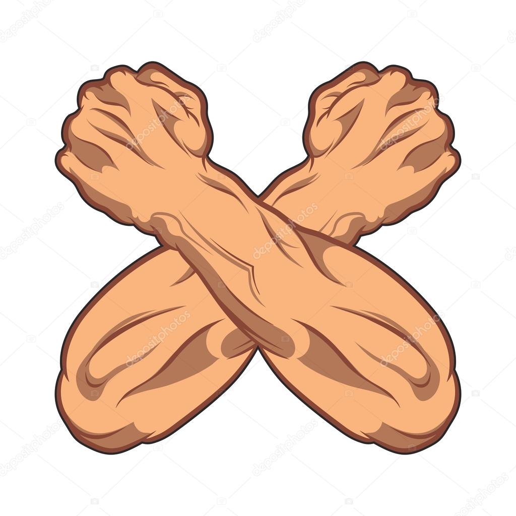 Two crossed hands clenched into a fist. black and white ...