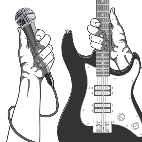 Hands holding a microphone and a guitar. Black and white vintage illustration. — Stock Vector