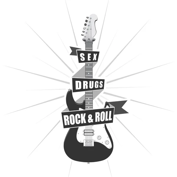 Black and white elektrische gitaar met lint. Rock and Roll-poster. — Stockvector