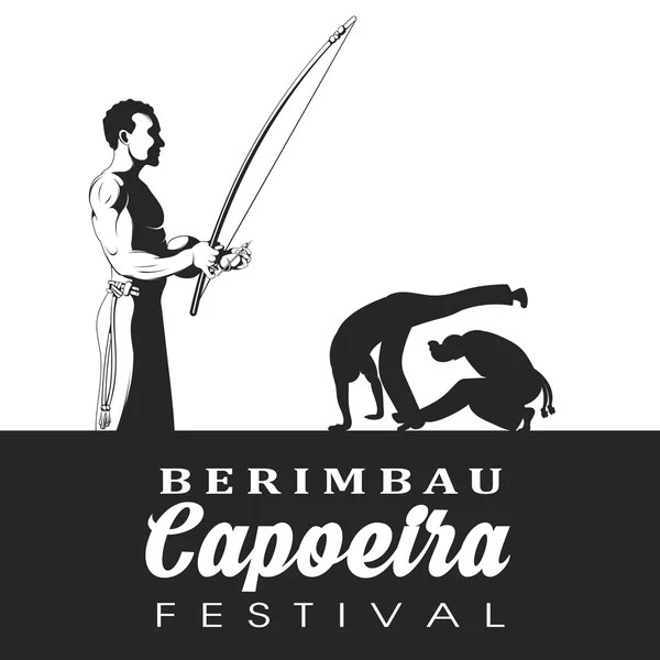 Capoeira-Tänzerin auf einem Instrument im Berimbau. Zwei Capoeira Tanz Kämpfer Silhouette. — Stockvektor