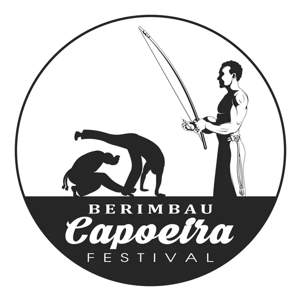 Insignia del festival Capoeira berimbau. Bailarina de capoeira tocando un instrumento berimbau. Dos capoeira danza luchador silueta . — Vector de stock