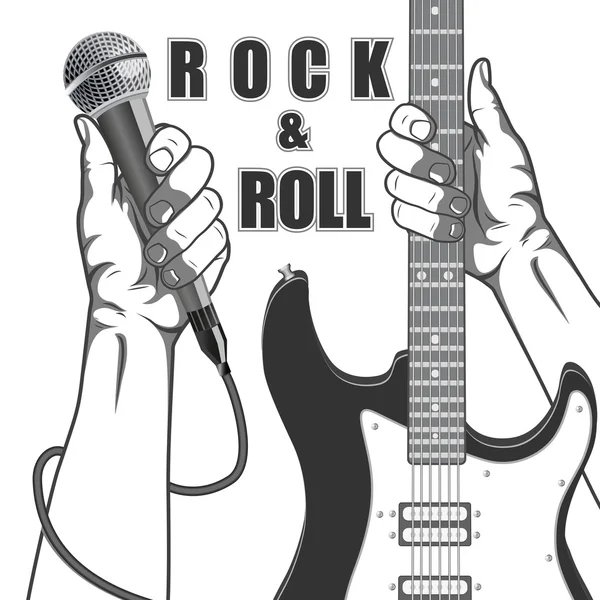 Mains tenant un micro et une guitare. Illustration vintage noir et blanc . — Image vectorielle
