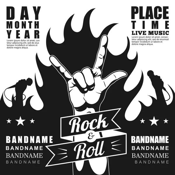 Siyah ve beyaz Rock Festivali afiş, rock n roll işareti ve yangın.