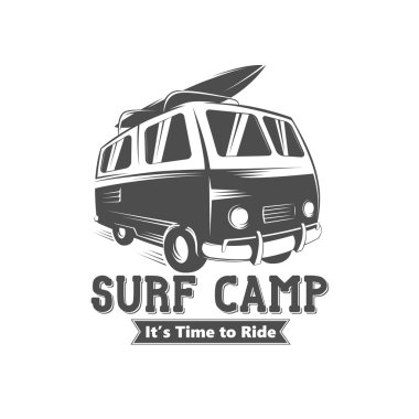 Surf kamp logo tasarımı. Surf camp olay Vintage siyah beyaz vektör çizim.