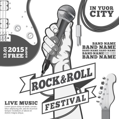 Rock and roll Festivali kavramı poster. Bir mikrofon içinde bir yumruk tutan el. Siyah beyaz resim. karışık teknik