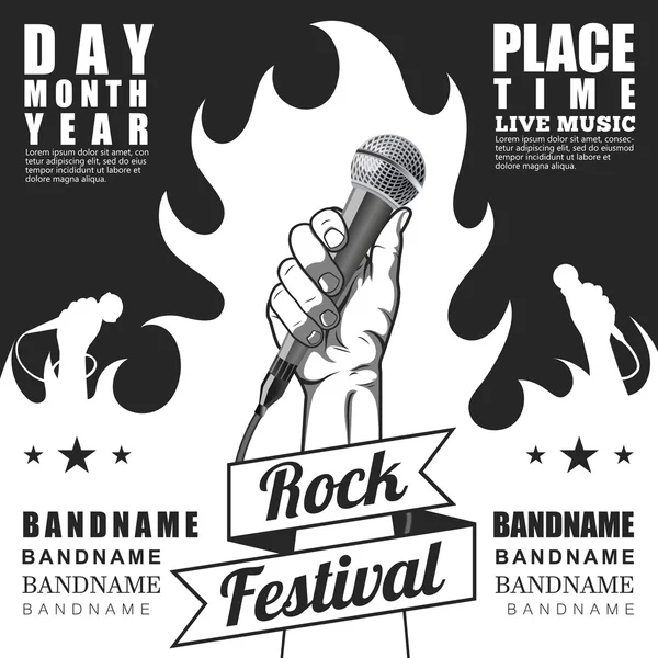 Cartaz do festival de Rock preto e branco. mão segurando um microfone em um punho —  Vetores de Stock