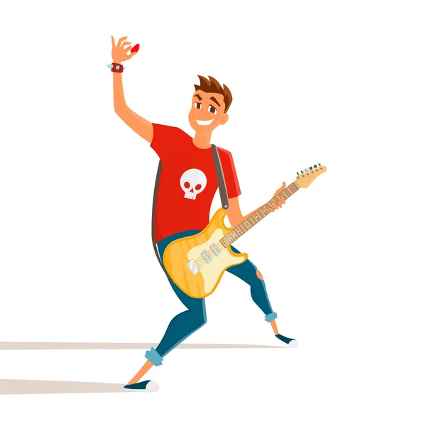 Guitariste électrique de dessin animé. Teenage guitariste montre la main vers le haut. Illustration vectorielle d'un jeune tenant une guitare électrique — Image vectorielle