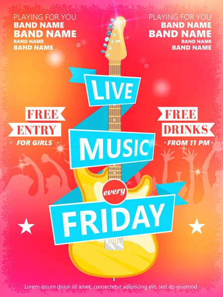 Canlı müzik her Cuma vektör poster şablonu. Kulüpleri, barlar, barlar ve halka açık yerlerde yazdırılabilir konser promosyon için idealdir. Müzik temalı duvar sanat serin tipografi bölümü ve gitar ile