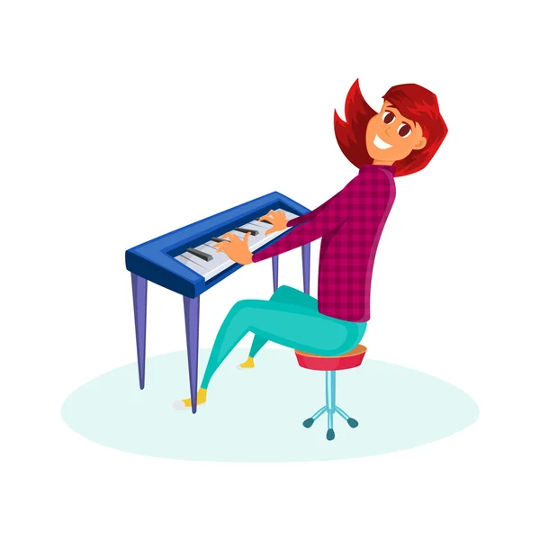 Ragazza che suona il piano. Illustrazione vettoriale del cartone animato di playin ragazza adolescente al pianoforte. Isolato su bianco — Vettoriale Stock