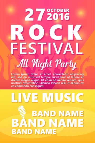 Cartoon Rock festival design template with crowd on back and place for text. — Stock Vector