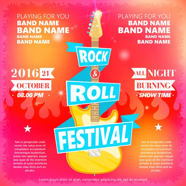 Vintage poster van Rock and roll festival. Hete brandende rock partij. Cartoon Design element voor poster, flyer, embleem, logo, teken. Vector ontwerpelement. — Stockvector