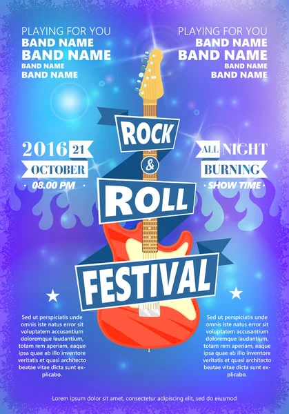 Vintage poster van Rock and roll festival. Hete brandende rock partij. Cartoon Design element voor poster, flyer, embleem, logo, teken. Vector ontwerpelement. — Stockvector