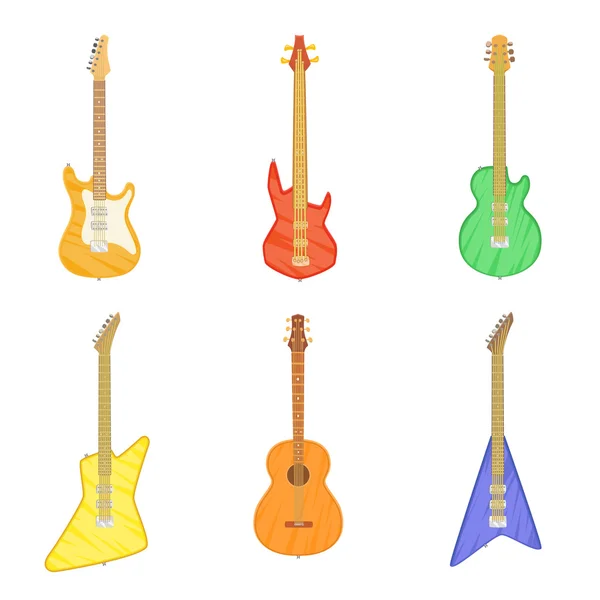 Conjunto de dibujos animados de diferentes guitarras eléctricas y acústicas aisladas sobre fondo blanco. Ilustración vectorial . — Archivo Imágenes Vectoriales