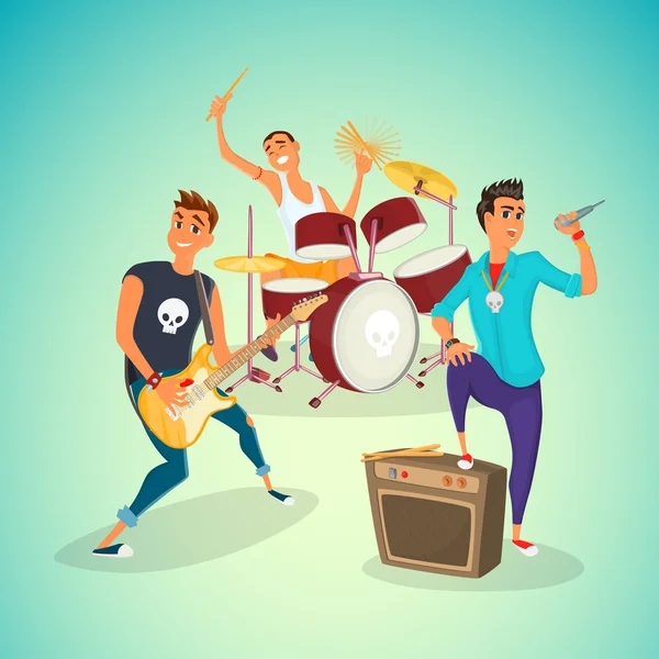 Concer da banda de rock. Grupo de jovens criativos tocando instrumentos desempenho impressionante. Desenhos animados ilustração vetorial — Vetor de Stock