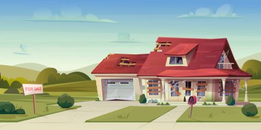 Terk edilmiş bir ev, harabe bir kır evi, harici bir bina. Garajı olan iki katlı bir ev.