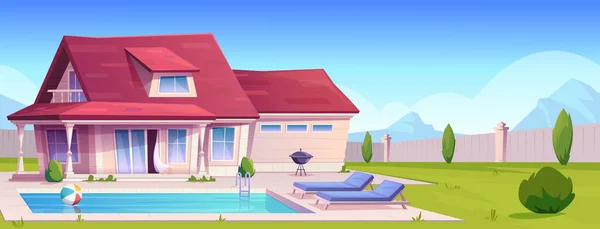 Casa suburbana, casa de campo residencial, exterior del edificio de campo de bienes raíces. Vivienda de dos plantas con piscina — Vector de stock