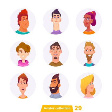  İzole edilmiş insan toplulukları. Yetişkinler ve gençler yuvarlak çerçevede. Farklı bir çizgi film karakteri portresi ayarla.