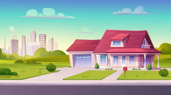 Byn eller landet gata med förort hus, bostadshus, exteriör.Två våningar bostad med garage, gräsmatta — Stock vektor