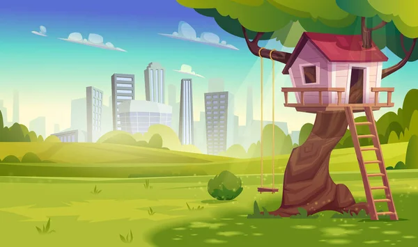 Çocuk oyunlarında kullanılan ağaç ev. Salıncak, merdiven şehrin arka planında. Yaz için orman kulübesi. — Stok Vektör