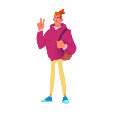 Kapüşonlu ve kotlu neşeli genç bir adam barış işareti yapıyor. Gençlikle ilgili konular için ideal.