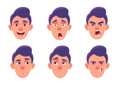 A versatile collection of cartoon male avatars showcasing six distinct emotions: happy, surprised, angry, sad, annoyed, and mischievous. 