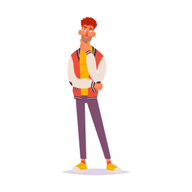 A charming flat vector illustration of a young man with red hair and a beard, dressed in a varsity jacket, standing in a thoughtful pose with his hand on his chin. He looks upwards, conveying deep