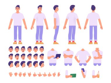A comprehensive vector character constructor set featuring a young man with multiple body poses, diverse facial expressions, and various hand gestures. Ideal for creating custom avatars, animations
