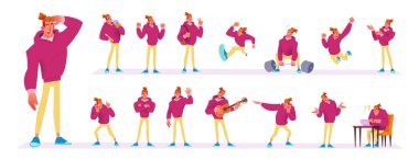 A comprehensive vector illustration set featuring a young man in a pink hoodie, showcasing a wide range of poses, emotions, and activities. From sports and music to work and casual gestures.