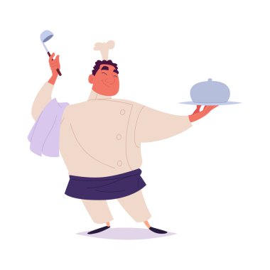 Mutlu bir erkek aşçı, elinde beyaz bir kepçeyle servis saatinin altında bir tabak sunar. Bu illüstrasyon aşçılık uzmanlığı, mükemmel hizmet ve konukseverlikte neşe taşır..