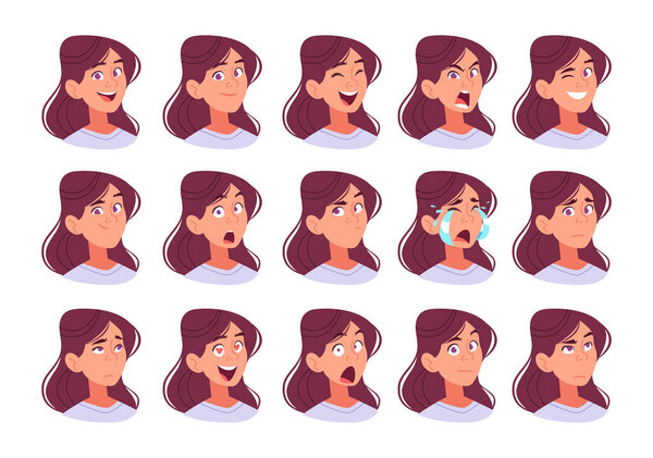A cartoon young womans face exhibiting a comprehensive range of human emotions and expressions, including happiness, sadness, anger, surprise, and love, isolated on white for various communication