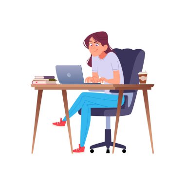 Masasındaki laptopta mutlu bir şekilde çalışan ya da ders çalışan genç bir kadının canlı vektör çizimi. Etrafı kitaplarla çevrili ve kahve içiyor, modern üretkenliği somutlaştırıyor, uzaktan öğreniyor.