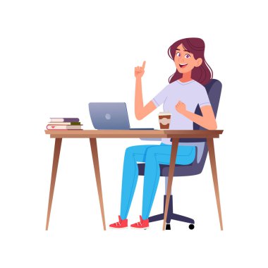 Mutlu genç bir kadın masasında dizüstü bilgisayar ve kahveyle oturuyor, sanki parlak bir fikri varmış gibi yukarı bakıyor. Odaklanmış ve ilham almış, evden çalışıyor ya da çalışıyor..