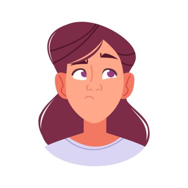 Kuşkucu beyaz kadın kaşlarını kaldırıyor, hipotez değerlendiren bilim adamı karakteri, düşünceli bakış, kurnaz sırıtış, mor saç, labirent imalı, vektör illüstrasyonu