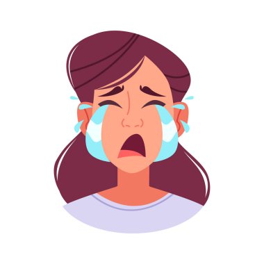 Siyah saçlı, derinden sıkıntılı ve gözyaşları yüzünden akarken yüksek sesle ağlayan genç bir kadının düz vektör çizimi. Bu görüntü derin üzüntü, keder ve duygusal acıyı aktarır..