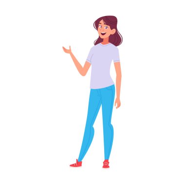 Mutlu genç bir kadın ayakta duruyor, gülümsüyor ve açık bir el ile bir şey sunmaya ya da açıklamaya hazır bir şekilde hareket ediyor. Beyaz bir geçmişi olan arkadaş canlısı bir kadın karakter. İletişim kavramları için mükemmel..