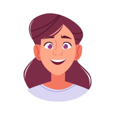 Neşeli çizgi filmlerdeki kadınların yüzleri parlak bir şekilde gülümsüyor. Görünür dişleriyle, neşe ve pozitiflik saçıyor. Bu modern düz vektör çizimi beyaz arka planda izole edilmiş mutlu bir kadın karakteri temsil ediyor.