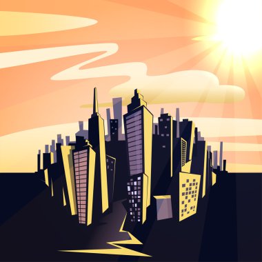 Gün batımı cityscape karikatür. vektör çizim