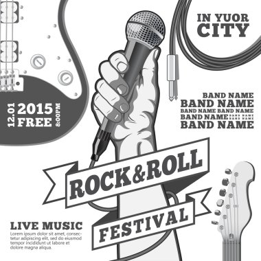 Rock and roll festival concept poster. Hand holding a microphone in a fist. Black and white vector illustration . mixed media clipart