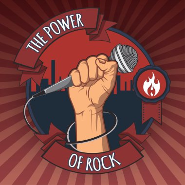 bir mikrofon içinde bir yumruk tutan el. retro rock poster gücü. vektör çizim