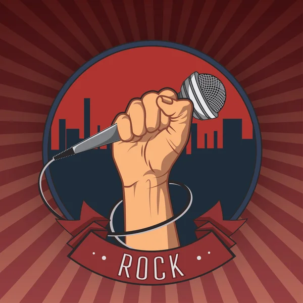 Hand hält ein Mikrofon in der Faust. Retro Rock Poster. Vektorillustration — Stockvektor