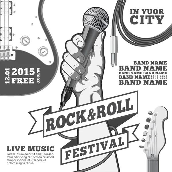 Rock and roll festival concept poster. Hand holding a microphone in a fist. Black and white vector illustration . mixed media — Stock Vector