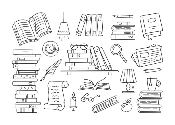 Pilhas de livros de papel, biblioteca, estante de livros em estilo doodle. Conjunto de objetos desenhados à mão para ler — Vetor de Stock