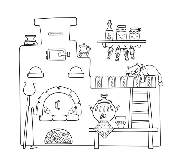 Tradizionale vecchia stufa russa con panca, samovar, presa, pentole, brocca e gatto addormentato. Illustrazione disegnata a mano vettoriale — Vettoriale Stock
