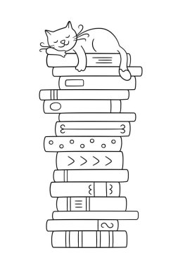 Bir yığın kitap ve uyuyan bir kedi. Kitapların üzerinde uyuyan sevimli kedicik. Vektör illüstrasyonu