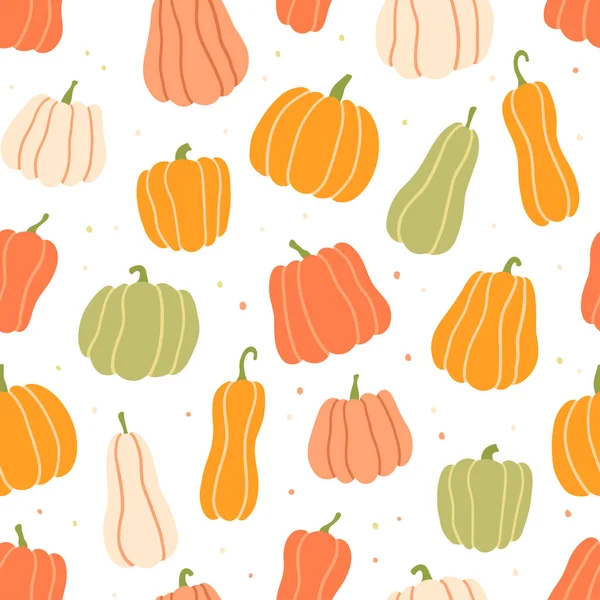 Patrón dinámico sin costura de color calabaza. Calabazas de diferentes formas. Ilustración vectorial dibujada a mano — Archivo Imágenes Vectoriales